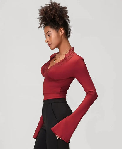 Flared Sleeve Lace Trim Blouse