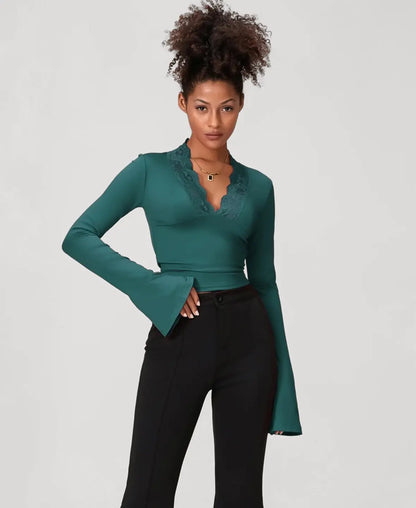 Flared Sleeve Lace Trim Blouse