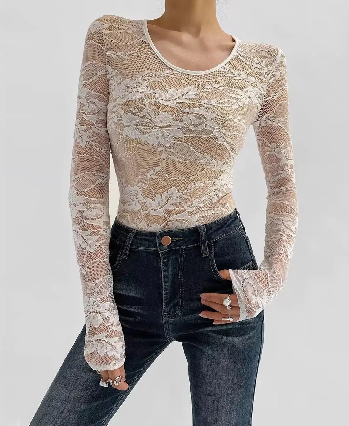 Lace Sheer Long Sleeve Bodysuit