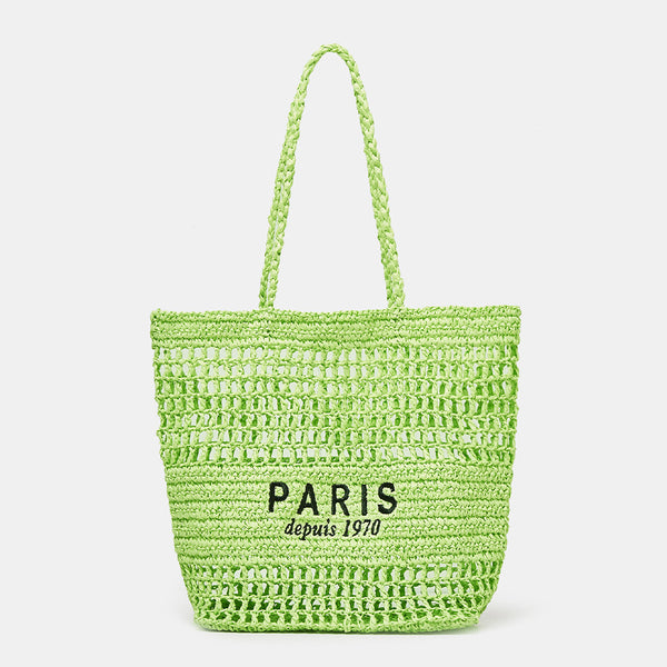 Gres Paris Green Beige Striped Straw Summer Beach vintage Tote Bag shops