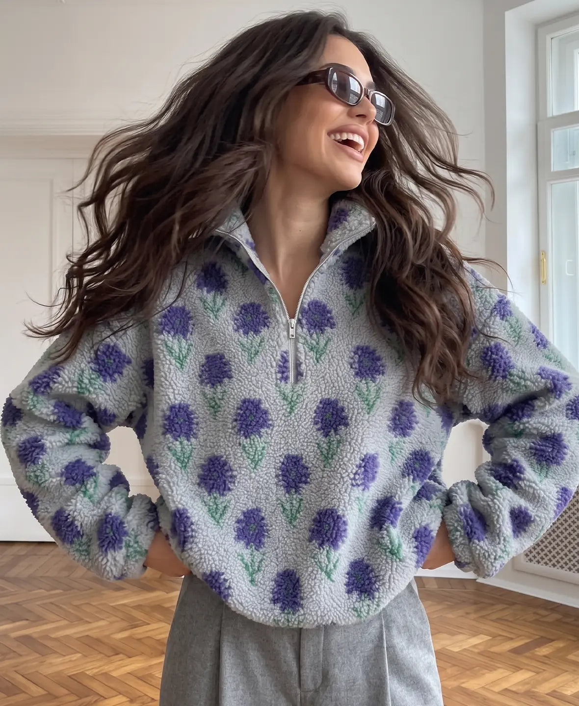 Floral Print Fleece Pullover